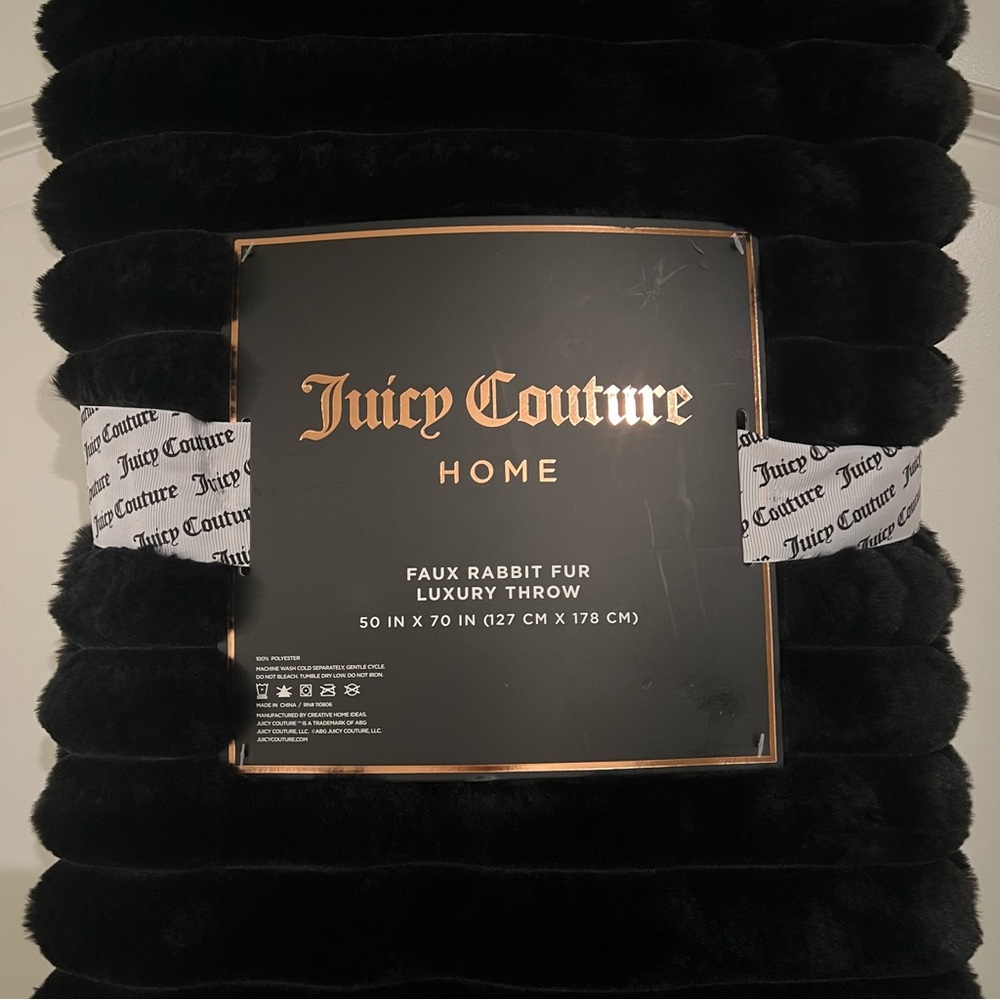 Juicy Couture Black Faux Rabbit Fur Luxury Throw Blanket